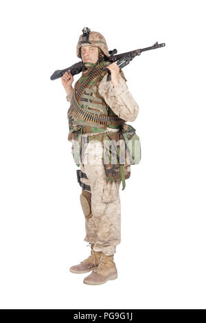 Soldier with machine gun isolated studio shoot Stock Photo