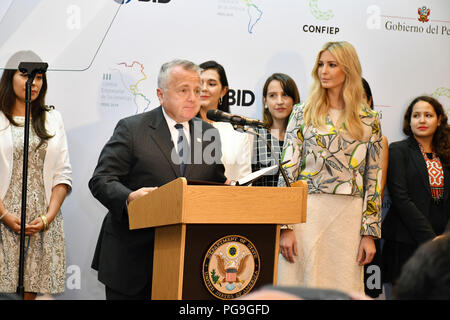 Acting Secretary of State John Sullivan flanked by Advisor to the President Ivanka Trump and Overseas Private Investment Corporation President and CEO Ray Washburne, delivers opening remarks at the Press Announcement on women’s economic empowerment in Lima, Peru on April 13, 2018. Stock Photo