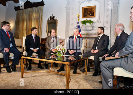 Vice President Michael Pence, joined by USAID Administrator Mark Green and Principal Deputy Assistant Secretary Francisco Palmieri, meets with Venezuelan Opposition Leaders Antonio Ledezma, Julio Borges, Carlos Vecchio, and David Smolansky, in Lima, Peru, April 13, 2018. Stock Photo