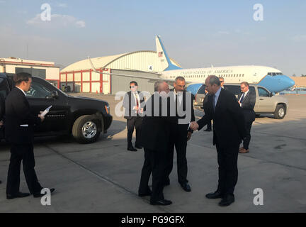 Acting Secretary of State John Sullivan bids farewell to U.S. Ambassador to Peru Krishna R. Urs upon departure from Lima, Peru on April 14, 2018. Stock Photo