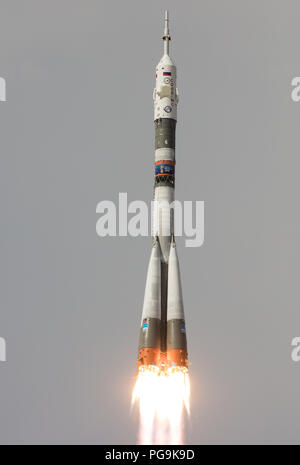 The Soyuz MS-09 rocket is launched with Expedition 56 Soyuz Commander Sergey Prokopyev of Roscosmos, flight engineer Serena Auñón-Chancellor of NASA, and flight engineer Alexander Gerst of ESA (European Space Agency), Wednesday, June 6, 2018 at the Baikonur Cosmodrome in Kazakhstan. Prokopyev, Auñón-Chancellor, and Gerst will spend the next six months living and working aboard the International Space Station. Stock Photo