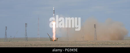 The Soyuz MS-09 rocket is launched with Expedition 56 Soyuz Commander Sergey Prokopyev of Roscosmos, flight engineer Serena Auñón-Chancellor of NASA, and flight engineer Alexander Gerst of ESA (European Space Agency), Wednesday, June 6, 2018 at the Baikonur Cosmodrome in Kazakhstan. Prokopyev, Auñón-Chancellor, and Gerst will spend the next six months living and working aboard the International Space Station. Stock Photo