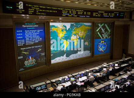 A live view of the International Space Station, as seen by cameras onboard the spacecraft with Expedition 56-57 crewmembers Serena Auñón-Chancellor of NASA, Sergey Prokopyev of Roscosmos, and Alexander Gerst of ESA (European Space Agency) is seen on screens at the Moscow Mission Control Center as the spacecraft approaches for docking, Friday, June 8, 2018 in Korolev, Russia. The Soyuz MS-09 spacecraft carrying Auñón-Chancellor, Prokopyev, and Gerst docked at 9:01am EDT (4:01pm Moscow time) to the Rassvet module of the International Space Station to join Expedition 56 Commander Drew Feustel of  Stock Photo