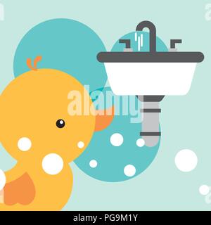 rubber duck toy and white washbasin bathroom Stock Vector