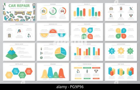 Car service and auto repair presentation templates elements on white background. Vector infographics, flyer and leaflet, corporate report, marketing, advertising, banner. Stock Vector