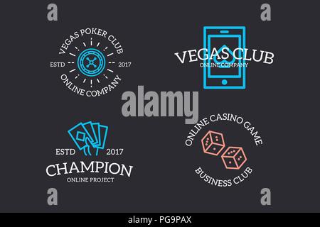 Set of retro vintage dice, roulette, game cards, fortune wheel, online casino logo or insignia, emblems, labels and badges and other branding objects. Vector line style Stock Vector