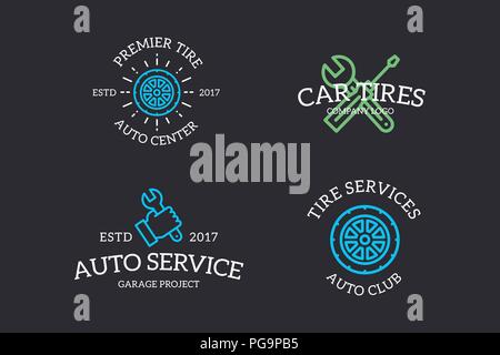 Set of retro vintage automobile, wrench, screwdriver, mechanic, wheel logo or insignia, emblems, labels and badges and other branding objects. Vector line style Stock Vector