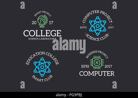 Set of retro vintage chip, atom, molecule, lab, space logo or insignia, emblems, labels and badges and other branding objects. Vector line style Stock Vector