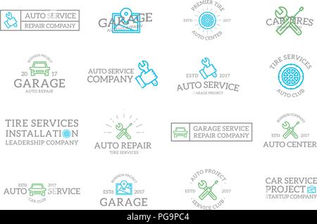 Set of retro vintage car service and auto repair logo or insignia, emblems, labels and badges and other branding objects. Vector line style Stock Vector