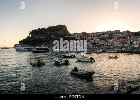 Sunset at Parga, Parga, coastal Greek town at Ionian Sea Stock Photo