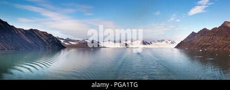 Panoramic view of the Glacier 14 July or also known as Fjortende Julibreen and 14 Juli Bukta at Svalbard, Norway in summer. Stock Photo