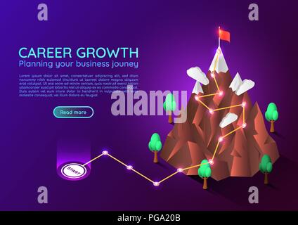 3d isometric web banner mountain with business journey route to success target on the peak. Business planing. Career growth and goal achievement landi Stock Vector