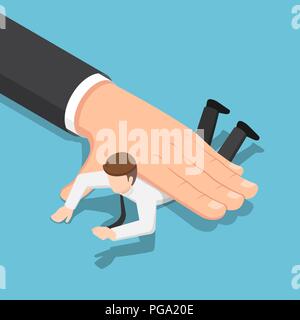 Flat 3d isometric big hand pushing businessman down on the floor. Business power and under pressure concept. Stock Vector