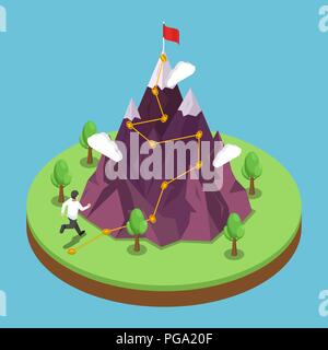 Flat 3d isometric business journey path to success target on the top of mountain. Mountain with climbing route to the peak. Career growth and goal ach Stock Vector