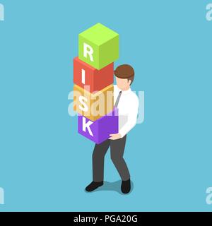 Flat 3d isometric business trying to balance risk block. Risk management concept. Stock Vector