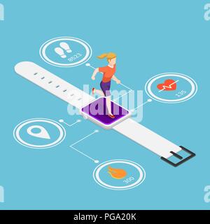 Flat 3d isometric woman running on smartwatch with heart rate monitors, counting calories, count steps and GPS technolog function. Wearable device tec Stock Vector