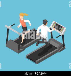 Flat 3d isometric businessman and businesswoman running on treadmill. Business training concept. Stock Vector