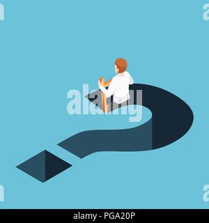 Flat 3d isometric businessman climbing up from question mark hole. Business solution concept. Stock Vector