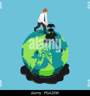 Flat 3d isometric businessman diggin oil on the earth globe. Oil business and petroleum industry concept. Stock Vector