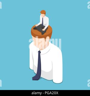 Flat 3d isometric businessman doing meditation in lotus position on the business people head. Meditation concept. Stock Vector
