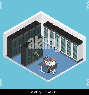 Flat 3d isometric businessman doing diagnostic test in database center or server computer room. Database server management concept. Stock Vector