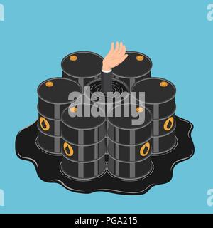 Flat 3d isometric businessman hand get drowned in  oil barrels. Oil crisis and petroleum industry concept. Stock Vector