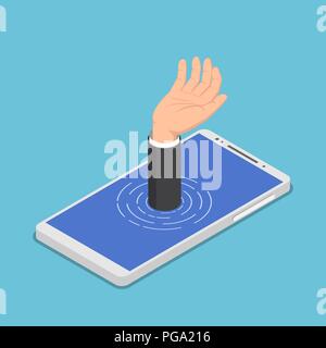 Flat 3d isometric businessman hand get drowned in smartphone. Smartphone addiction concept. Stock Vector
