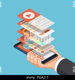 Flat 3d isometric businessman hand holding smartphone with mobile application interface layer. Mobile application development concept. Stock Vector