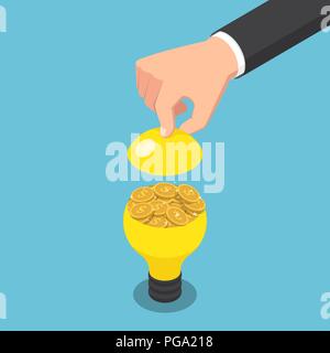 Flat 3d isometric businessman hand open light bulb with golden coin inside. Idea is money concept. Stock Vector
