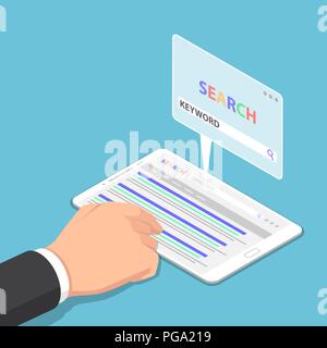 Flat 3d isometric businessman hand use tablet to searching keyword on search engine. Keyword research and seo concept. Stock Vector