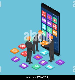 Flat 3d isometric businessman help each other to build mobile application. Mobile app developer concept. Stock Vector