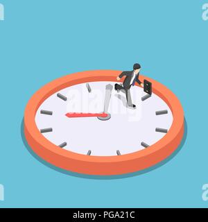 Flat 3d isometric businessman running on big clock face. Rush hour and dead line concept. Stock Vector