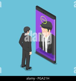 Flat 3d isometric businessman use face scaning to unlock smartphone. Biometric identification and facial recognition system concept. Stock Vector