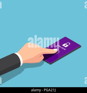 Flat 3d isometric businessman use on display fingerprint scanner function to unlock smartphone. Smartphone security system and biometric authenticatio Stock Vector