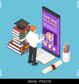 Flat 3d isometric businessman using e-learning or online education application on smartphone. Online education concept. Stock Vector