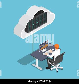 Flat 3d isometric businessman working on desktop pc and uploading to cloud storage. Cloud computing technology concept. Stock Vector