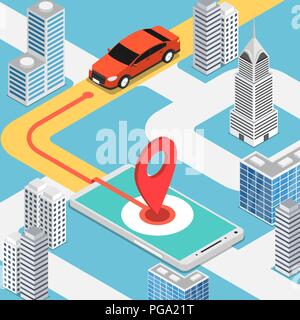 Flat 3d isometric car moving at pinpoint on mobile map application. Mobile gps map navigation technology concept. Stock Vector