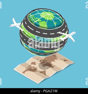 Flat 3d isometric plane and transportation road circled around the world that floating on map. Global transportation and world travel concept. Stock Vector