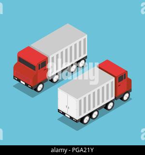 Flat 3d isometric red truck with white trailer. cargo transportation and logistic concept. Stock Vector
