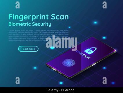 3d isometric web banner smartphone with fingerprint scaning system. Biometric authentication methods and security system on mobile device landing page Stock Vector