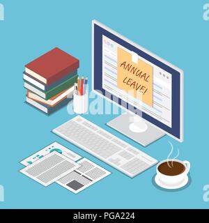 Flat 3d isometric sticky note with annual leave text on pc monitor. Holiday and vacation concept. Stock Vector