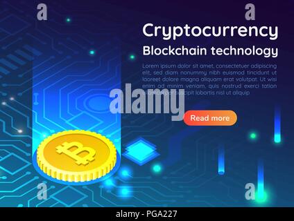 3d isometric web banner bitcoin on circuit board. Digital money mining. Cryptocurrency and blockchain investment landing page concept. Stock Vector