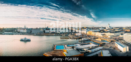 Helsinki, Finland. Panoramic Aerial View Of Market Square, Street With Presidential Palace And Helsinki Cathedral. Stock Photo