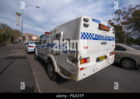 July 2018, The rear view of  a New South Wales police paddy wagon (patrol van) on the street outside Hornsby courthouse in New South Wales, Australia Stock Photo