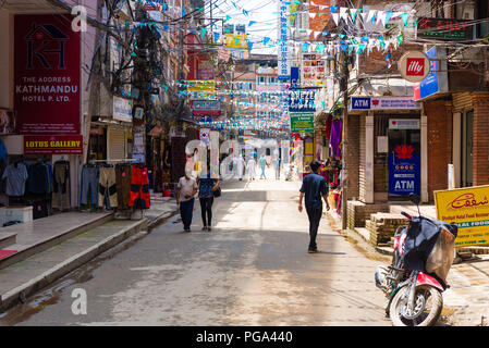 Thamel, Kathmandu, Nepal - July 15, 2018 : Street view in Thamel district, known as the centre of the tourist industry in Kathmandu Stock Photo