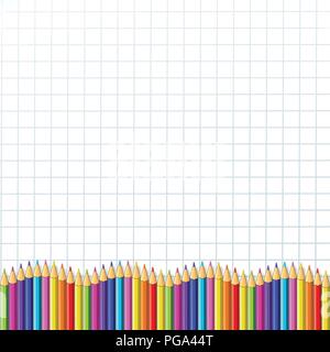 Vector square wavy border frame made of multicolor wooden pencils on white checkered notebook sheet background. Back to school framework bordering tem Stock Vector