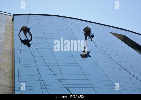 two men cleaning windows on the glass front of a building in Buenos Aires Stock Photo