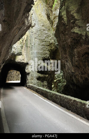 The gorge road, strada della forra, a narrow mountain road with tunnel in a rocky gorge near lago di garda, Italy Stock Photo