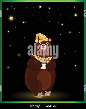 Vector illustration of cute cartoon bear character in sleeping hat and slippers, holding cup with hot drink on night background with glowing stars Stock Vector