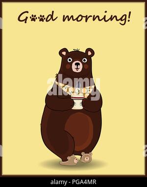 Vector illustration of cute cartoon bear character in slippers and necktie, holding cup with hot drink on yellow background with hand drawn inscriptio Stock Vector